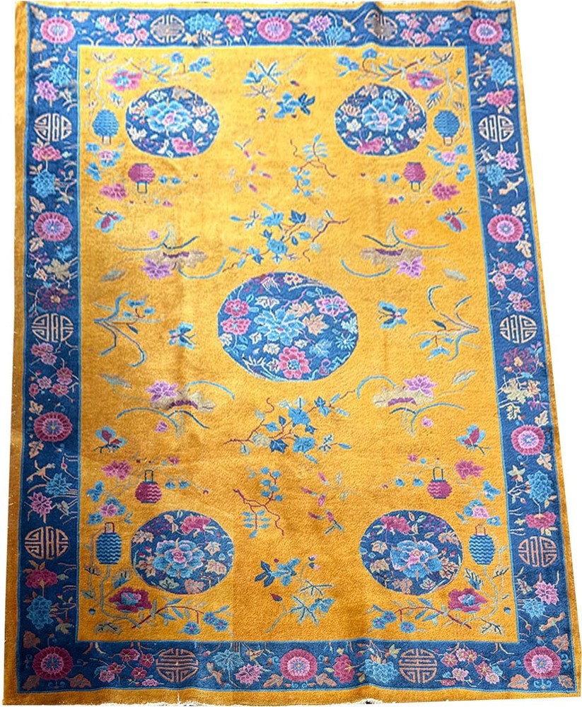 A Stunning Antique 5' x 8' Gold Ground Art Deco Mandarin Chinese Rug Circa 1920