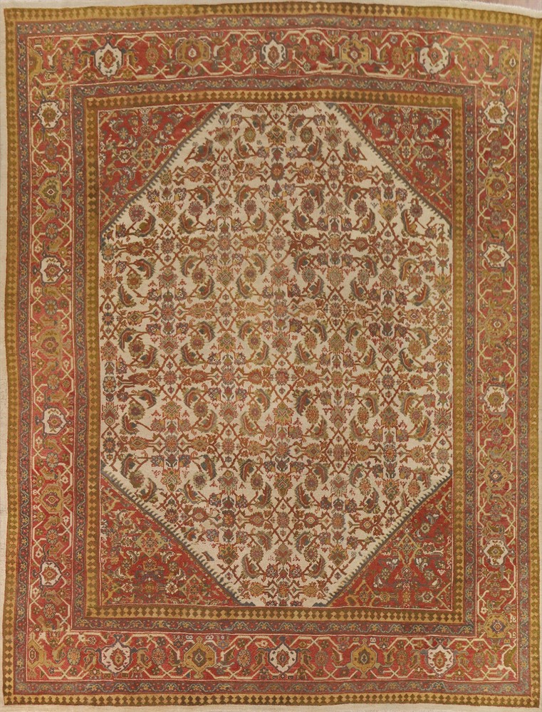 Classic Ivory/ Rust Antique Rug pre-1900 Hand-made Living Room Carpet 10x13