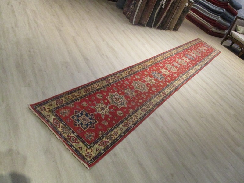 18' FEET RUNNER AFGHAN-REFUGEE Vegetable-Dye HANDMADE-KNOTTED WOOL RUG 586305 gallery