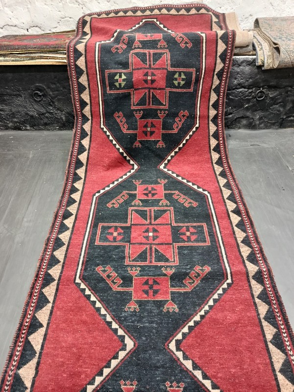 Red Antique Oriental Handmade Runner, 4.1x13ft, Geometric Entryway Runner Rug, gallery