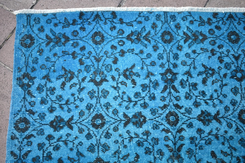 Vintage Turkish Rug 48'' x 81'' Hand-knotted Over Dyed Blue Rug Painted Wool Rug gallery
