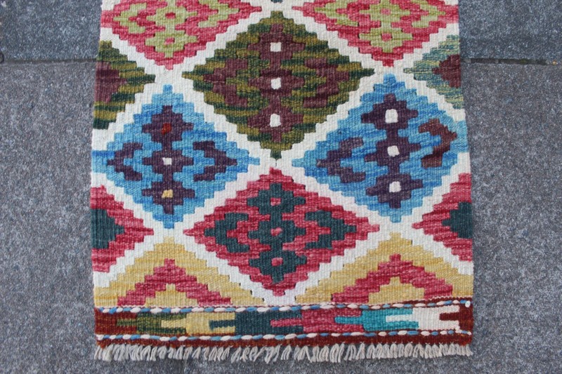 Kilim Vintage Traditional Hand Made Oriental Red Green Wool Small Kilim 90x55cm gallery