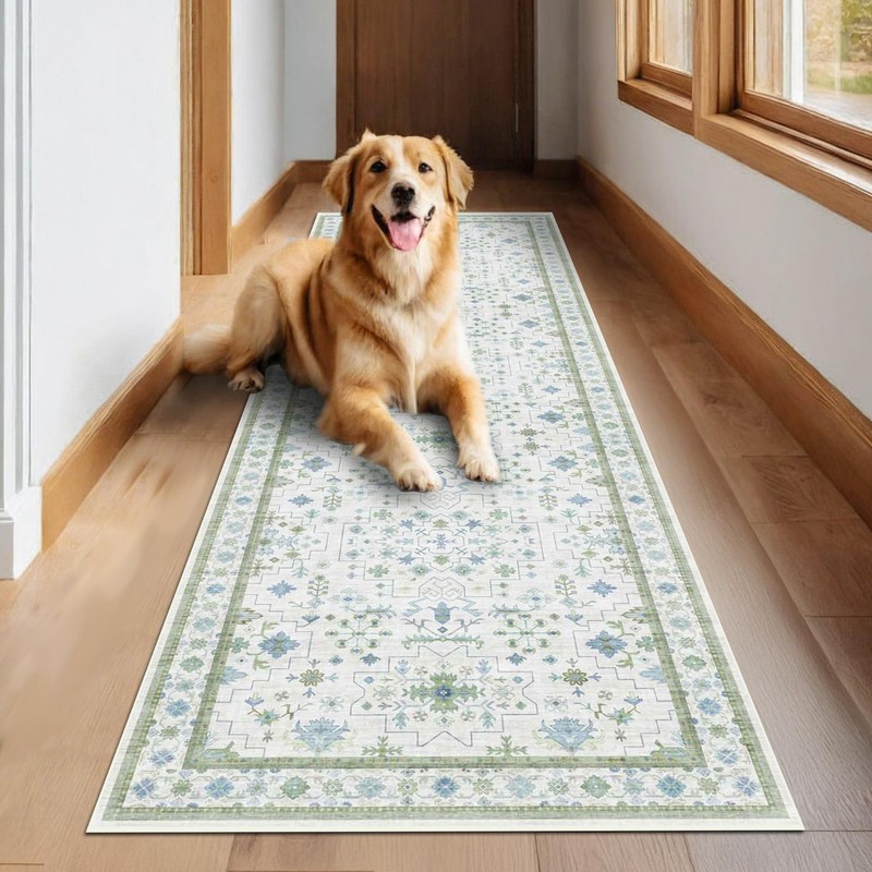 Boho Floral 3x8 Wide Hallway Runner Rug - Cream Green, Washable, Non-Slip, Stain gallery