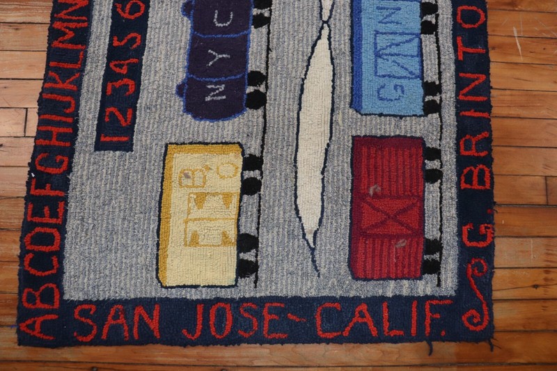 Vintage American Hook Hooked Pictorial Dated Train Rug Size 2'10''x4'4'' gallery