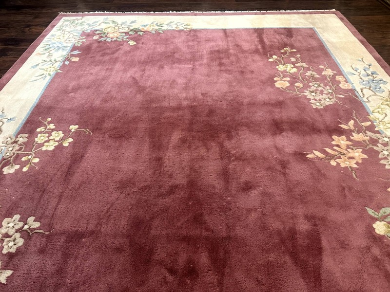 Indo Chinese Art Deco Rug 9x12, Pink and Ivory, Open Filed, Floral, Wool gallery