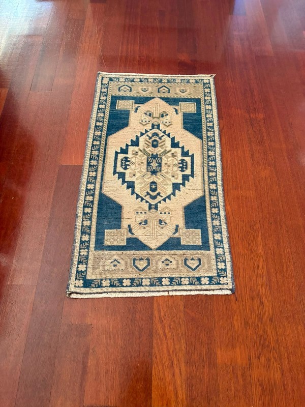 Vintage Oushak 2x3 Small Rug Blue Cream Beige Hand Knotted Turkish Wool Door Mat gallery