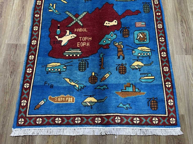Afghan War Rug 2'7x4'1 Hand Knotted Wool 9/11 Pictorial Blue Tribal Wall Art Rug gallery