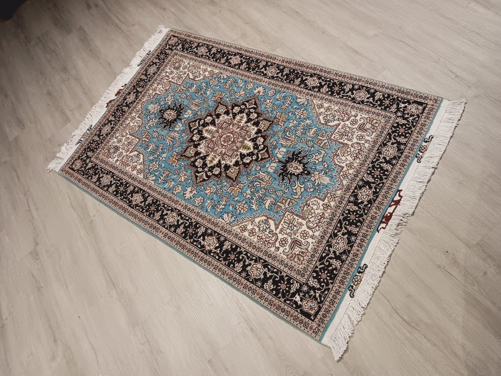 3x5 FINE TURQUOISE SIGNED UNIQUE TABRIZZ HANDMADE-KNOTTED WOOL/SILK RUG 586348