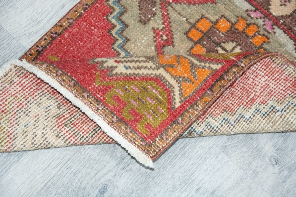 Vintage Turkish Oushak Rug 19x36 Inches, Red Colorful Geometrical Modern Rug