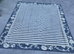 Area Rug Handmade Blue White Striped with Floral detail 11 feet x 8 feet vintage