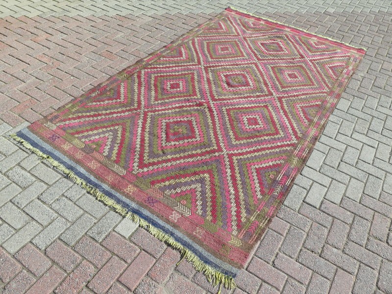 Multicolor Anatolian Vintage Carpet, Diamond Pattern Boho Large Kelim 69"x121" gallery