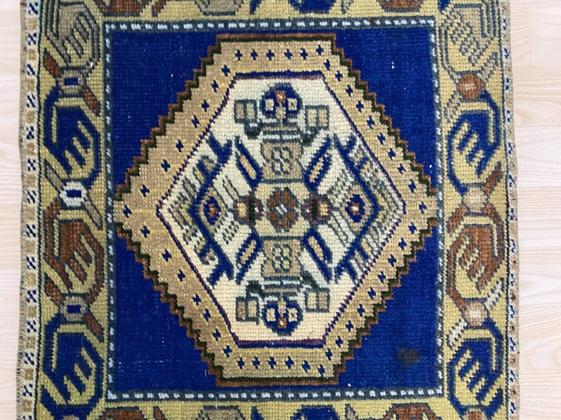Antique Turkish Rug 1.7x1.9 ft Vintage Cobalt Blue Mustard Geometric Small Mat gallery