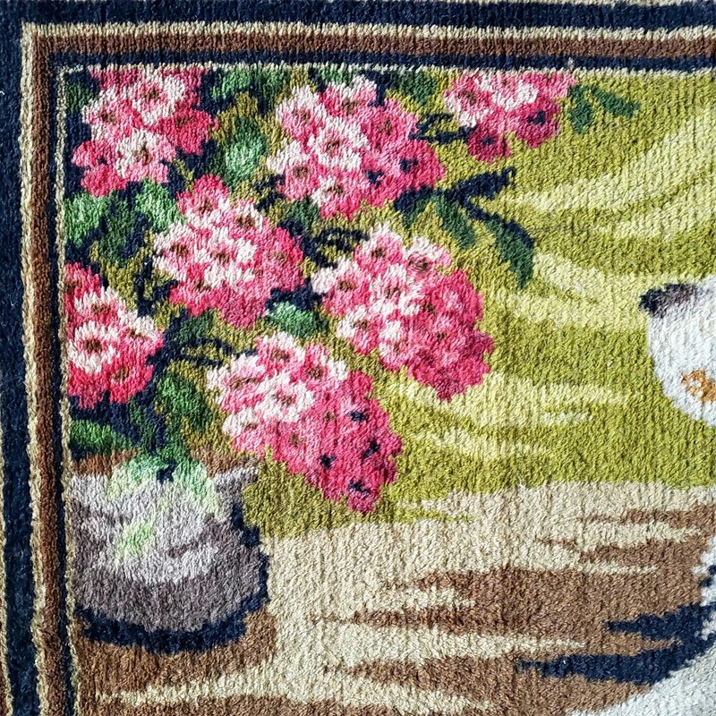 Vintage Cut Pile Wool Rug Dog In Garden Scene 4 Feet Long gallery