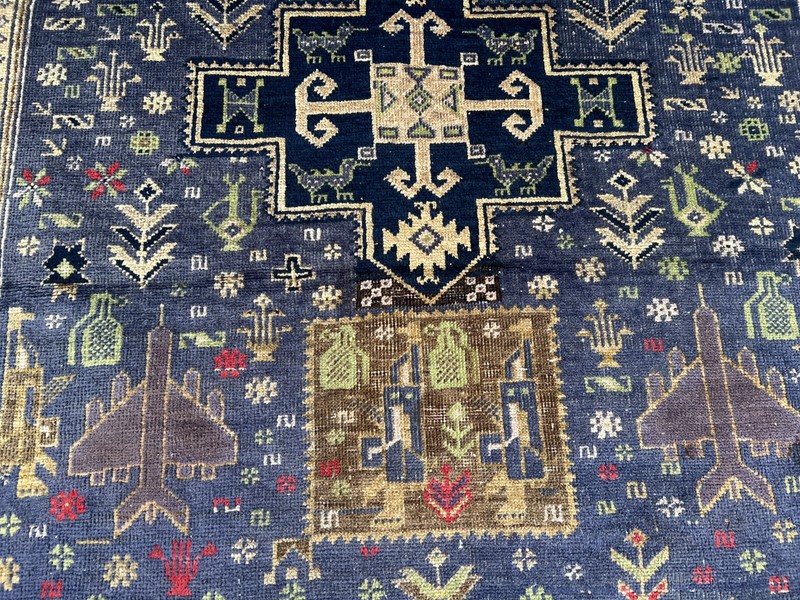 Antique Afghan War Rug 3'9x6'6 – Handmade Wool Tribal Blue Beige Geometric Rug gallery