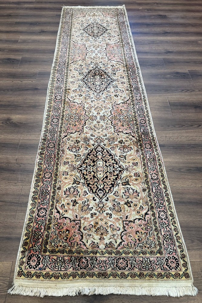 Silk Indian Kashmiri Runner Rug 2.7 x 9.8, Floral Medallions