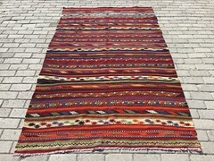 Vintage Turkish Kilim Rug,Striped Flatwoven Handmade Tribal Oriental Wool Carpet