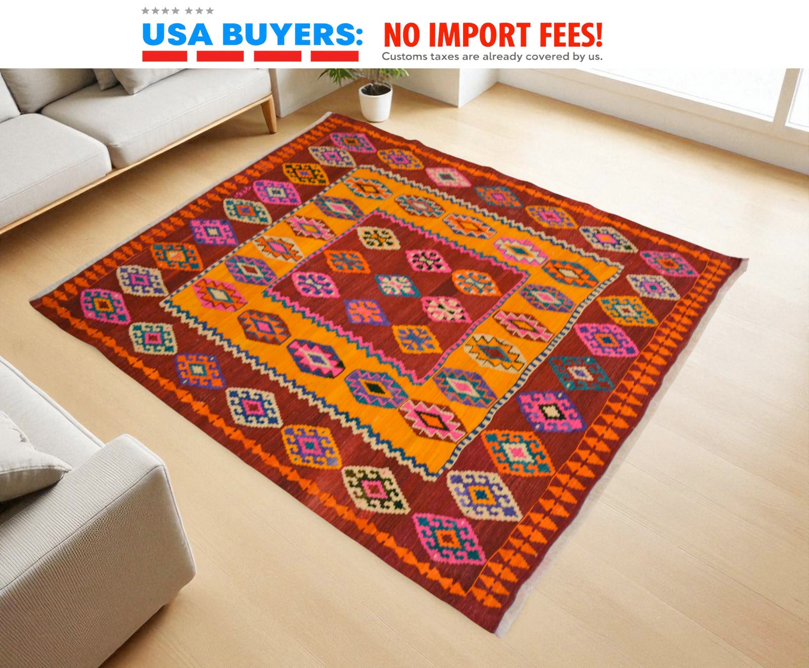 Vintage Handwoven Turkish Rug Kilim Flat Weave – Boho Farmhouse Rug 6x7 ft aprox gallery