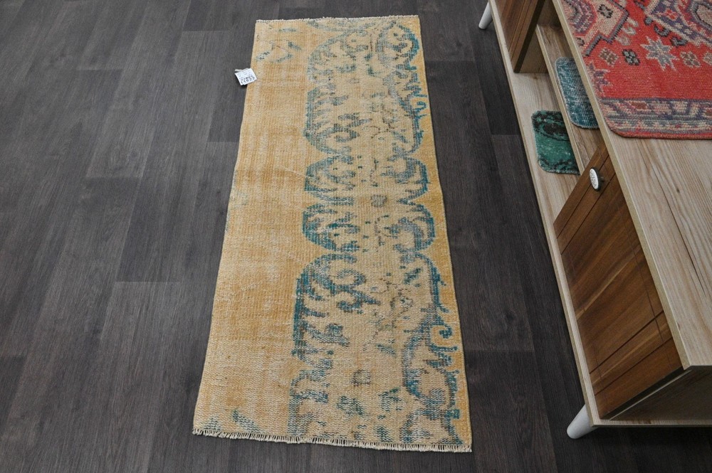 Vintage Turkish Runner Rug 2x5ft BEIGE Handmade Anatolian Oushak Hallway Wool