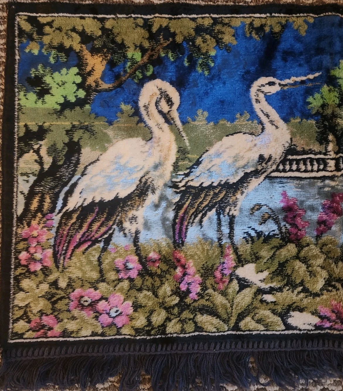 Vintage Tapestry Velvet Rug with Swans and Cranes 37"×21" gallery