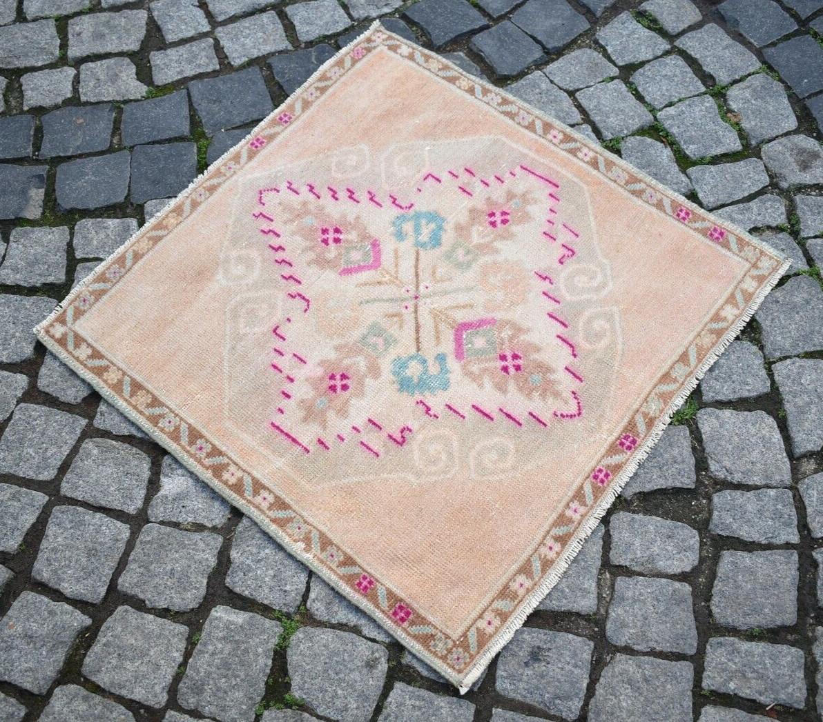 Vintage Anatolian Rug 2'5'' x 2'4'' ft Turkish Hand Knotted Oushak Wool Pile Rug gallery