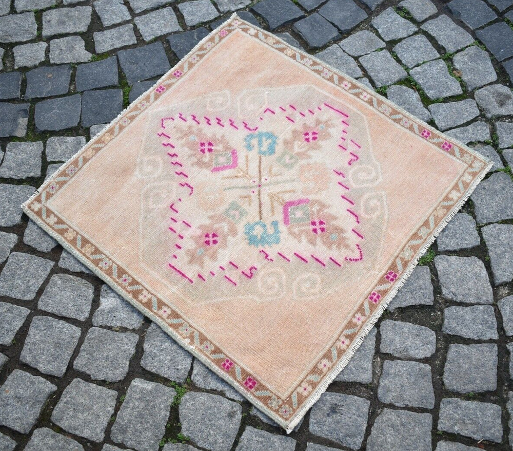 Vintage Anatolian Rug 2'5'' x 2'4'' ft Turkish Hand Knotted Oushak Wool Pile Rug