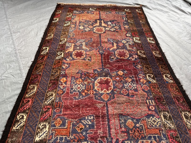 2'7x9 ft Vintage Afghan Baluchi Hand Knotted Wool Rust Blue Floral Star Runner gallery