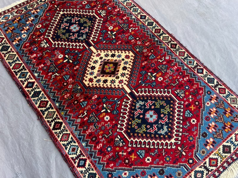 2'6" x 4'2" Vintage Turkish Hand Knotted Tribal Geometric Red Blue Boho Area Rug gallery