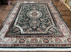 Pak Perisan Rug 9×12 Dark Green Cream Floral Medallion Handmade Wool Carpet
