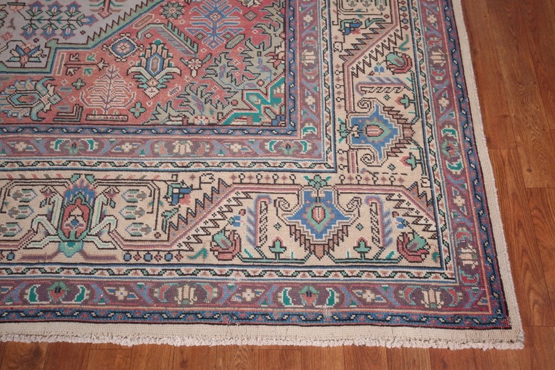Geometric Light Gray Wool Tebriz Living Room Area Rug 10x13 Vintage Handmade Rug gallery