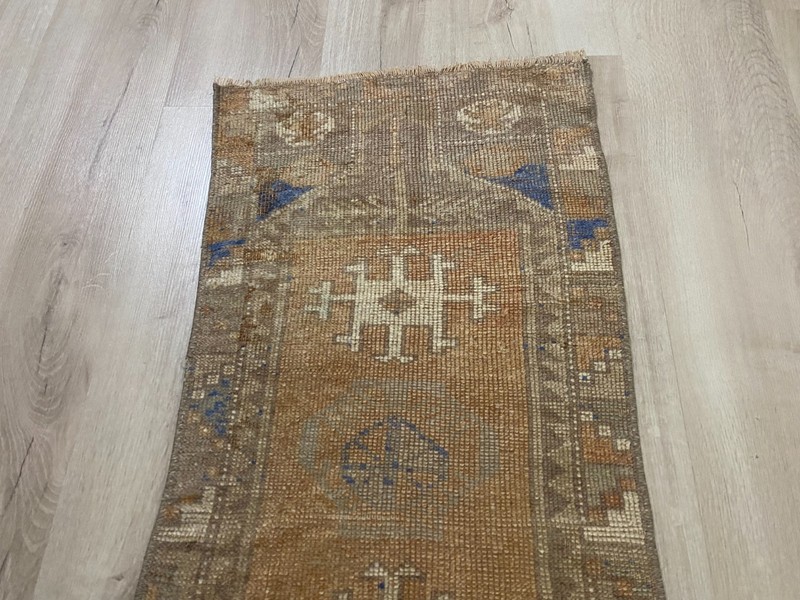 Neutral Turkish Runner Rug 1.4x3.3 Ft Handmade Vintage Wool Hall Carpet gallery