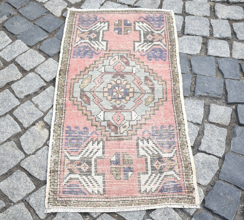 Turkish Rug 19'' x 37'' Vintage Small Rug Anatolian Oushak Rug Wool Low Pile Rug gallery