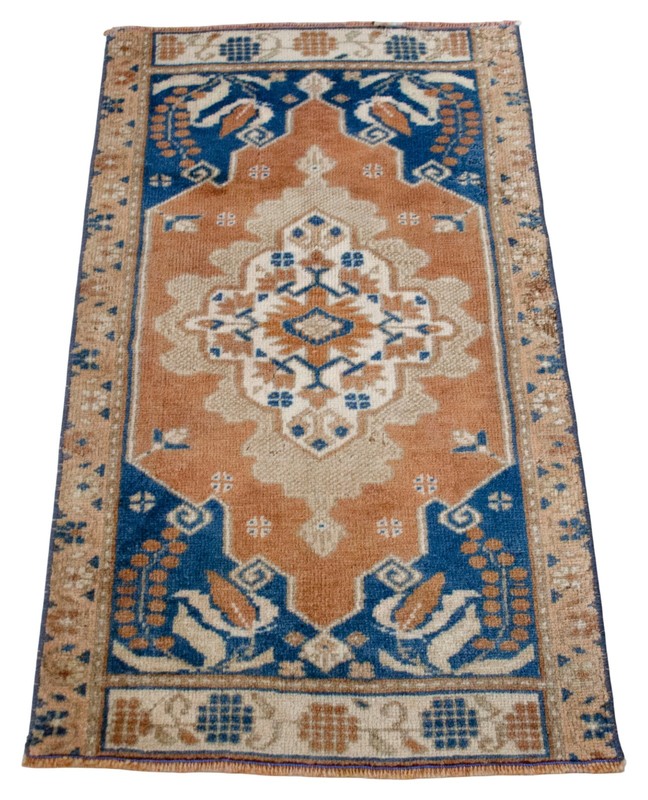 Vintage Oushak Small Rug 2x3 Hand-Knotted Wool Turkish Door Mat Pink Blue 1970s gallery