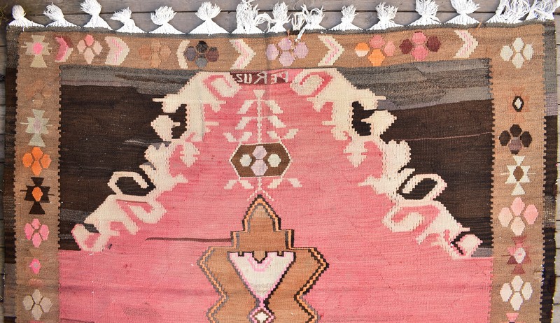 Turkish Kilim 70''x320" Handwoven Kars Kilim 180x320cm Pink Natural Wool Rug gallery