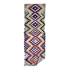 Moroccan Handmade Vintage Rug 2’8×8’7 Berber Checkered Funky Cotton Area Carpet