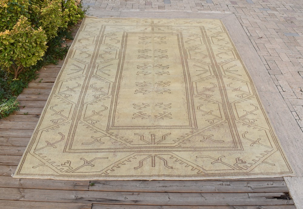 Turkish Rug 78x106 in Vintage Rug Milas Carpet 6x8 Size Muted Color Natural Wool