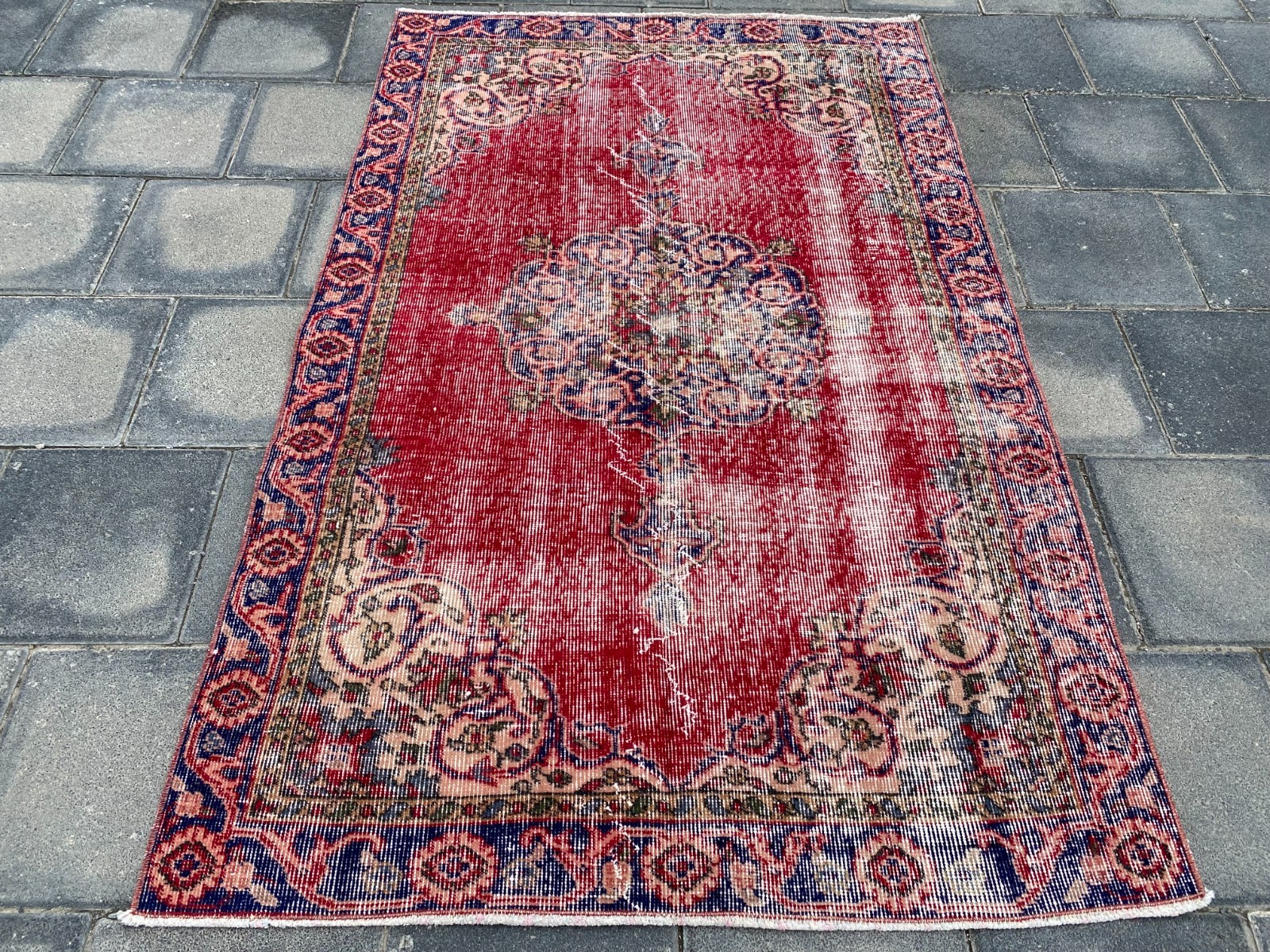 Vintage Turkish Area Rug 3.7 x 5.8 ft Hand Knotted Wool Red Distressed Carpet gallery