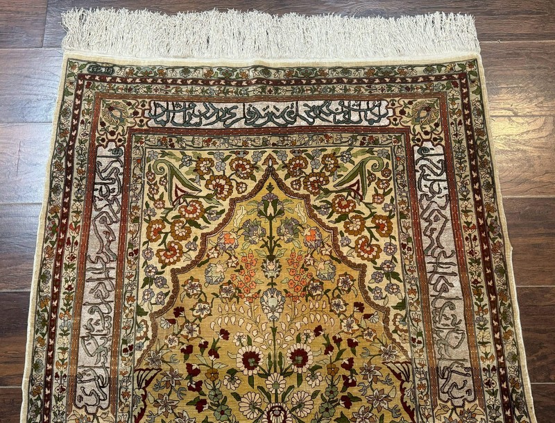 Silk Turkish Hereke Rug 3x5, Gold, Silk with Metal Threads, 700 KPSI gallery