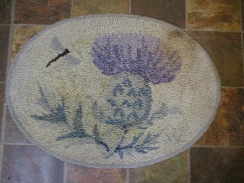 Vintage Original GEORGE WELLS HOOKED RUG Dragonfly & Thistle Signed/Tagged 25x18 gallery