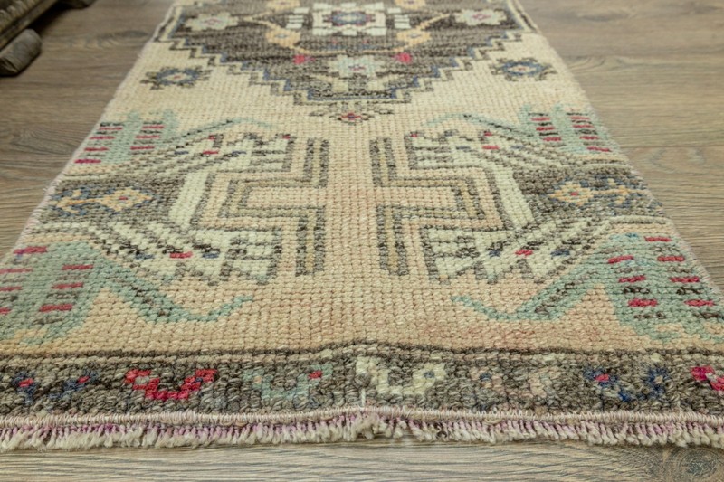 Turkish Oushak Mat 1'5x3'6 ft – Brown Sage Teal Wool Rug for Entry or Bathroom gallery