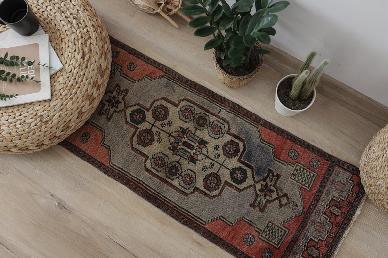 1x4 Vintage Turkish Rug, Bohemian Wool Mat, Hand Knotted Rug, Oushak Rug gallery