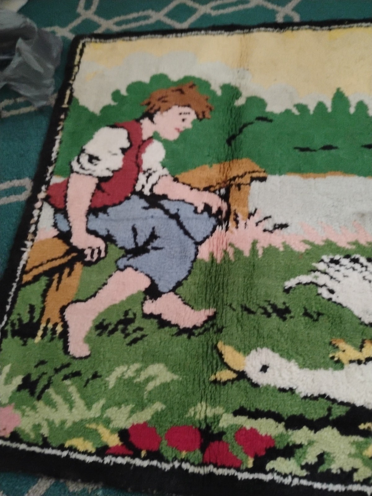 Vintage Tapestry Rug ( Boy, dog duck outdoor scene) 21 X 36 gallery