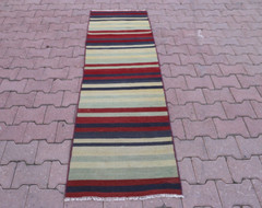 Cappadocia Striped Runner Rug Turkish Tribal Kilim Hand Knotted Carpet 2x7ft