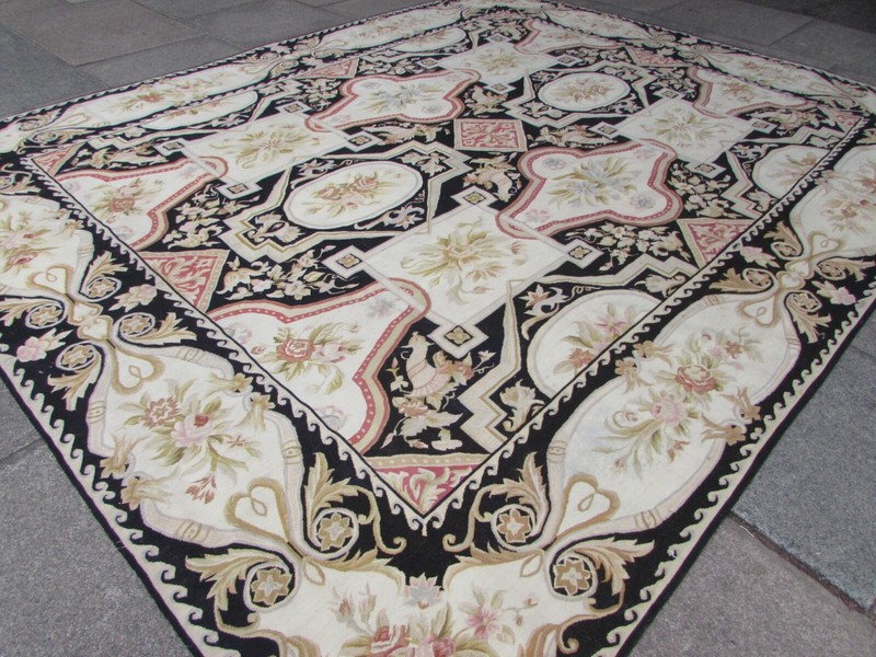 Vintage Hand Made French Design Wool Black Beige Original Aubusson 307X244cm gallery