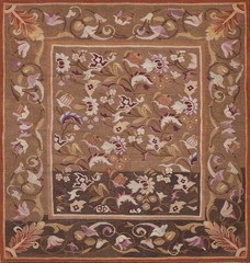 5’x5′ Antique Square Brown Earth Tone Floral French Aubusson Flat Woven Rug