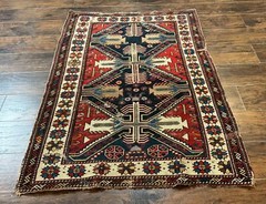 Antique Shirvan Caucasian Rug 3×5, Geometric Pattern, Red Navy Blue Beige