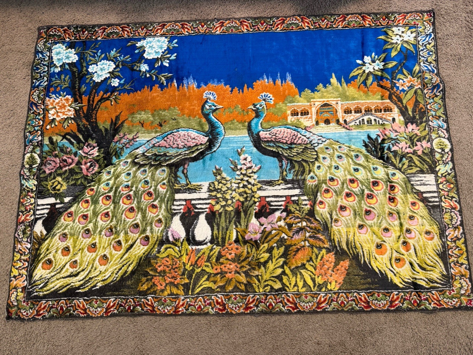 Peacock Pattern Velvet Rug Vintage Pictorial Wall Hanging Sofa Cover gallery