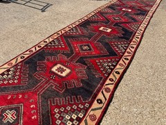 ANTIQUE HERIZ RUNNER RUG 2×13 handmade VINTAGE long geometric blue real old 3×13