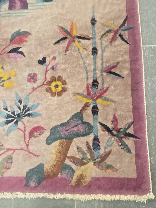 Art Deco Rug Hand Knotted 4' X 2' Antique Chinese gallery