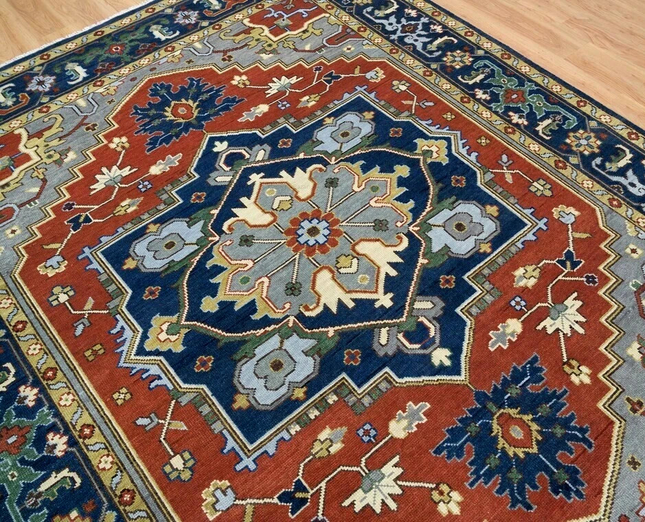 Red Blue Antique Hand Knotted Turkish Oushak Rugs Vintage Carpets For Livingroom