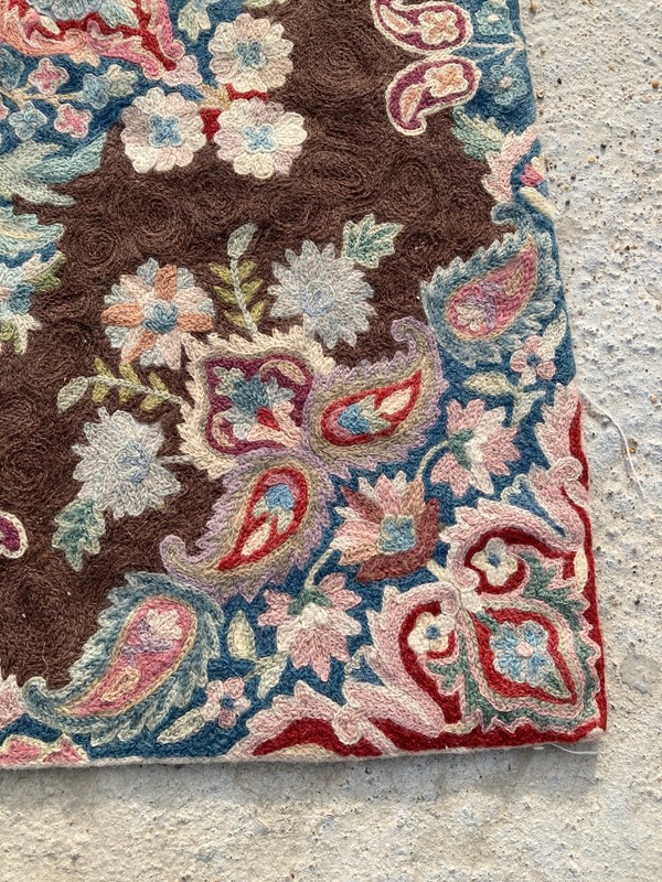 Vintage Handmade Kashmir Crewel Floral Paisley Wool Embroidered Rug 89x59 cm gallery